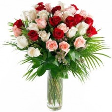36 Mix Color Roses in Glass Vase