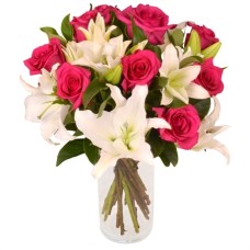 Elegant Pink Roses & White Lilies Vase