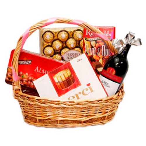 Red Wine & Mixed chocolate in basket.