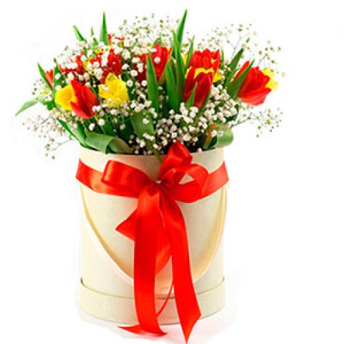 MixedTulips in a Round White Box