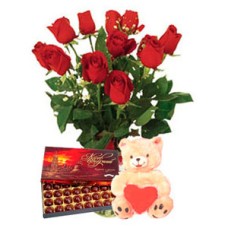 Rose Boquet, Chocolates, Teddy Bear