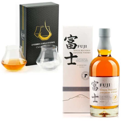 Fuji Single Blended Japanese whisky and its 2 tasting glasses
