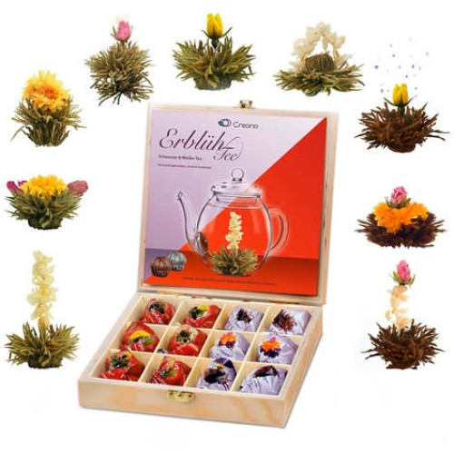 Black and white tea flower gift box in a wooden box