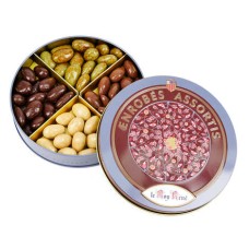 Assortment of coated almonds in metal box