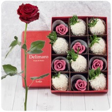 Elegant red rose with coconut strawberries and mini chocolate roses