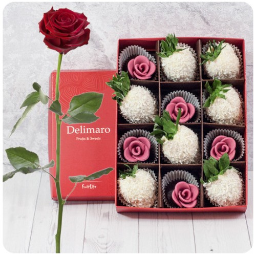 Elegant red rose with coconut strawberries and mini chocolate roses