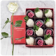 Elegant white rose with coconut strawberries and mini chocolate roses