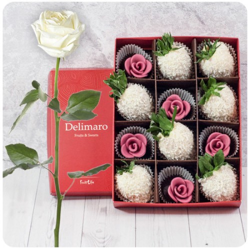 Elegant white rose with coconut strawberries and mini chocolate roses