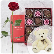 Elegant white rose with coconut strawberries and mini chocolate roses