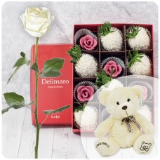 Elegant white rose with coconut strawberries and mini chocolate roses