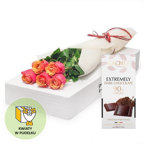 5 tea roses with chocolate