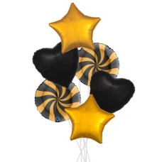Gold and Black Spiral Party Mix Bouquets (2x Bunch of 6 Balloons (12 Balloons))