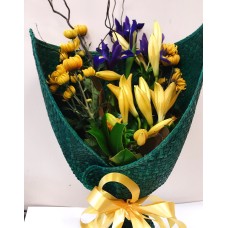 Yellow and Purple arrangement in Green Wrap