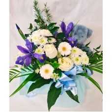 Teddy Bear in Blue Water Box Flowers