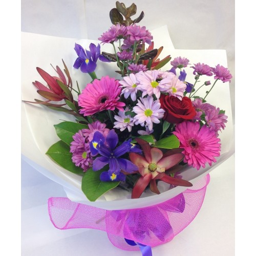 Hand-Tied Bouquet of Winter Flowers - Pinks, Purple & Red