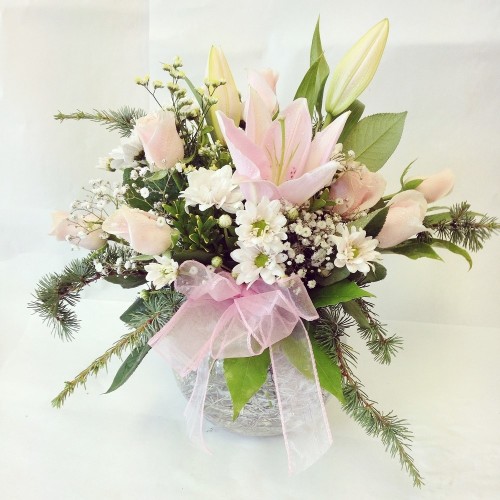 Handtied Bouquet in Glass Vase