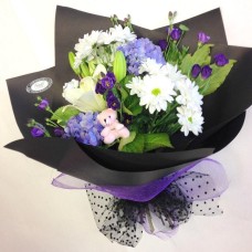 Purple and White Hand-Tied in Black Wrap
