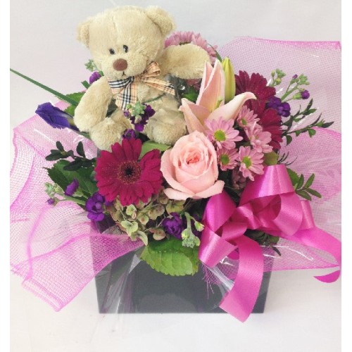 Teddy Bear & Flowers in Square Water Box
