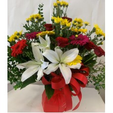 Bright Red and Yellow Arrangement in Red Box (Small)