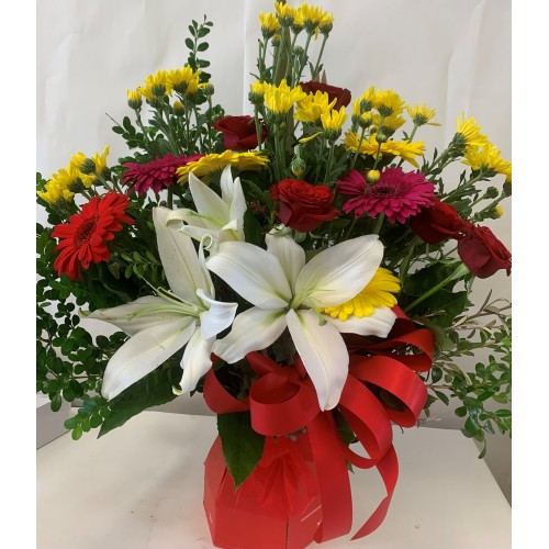 Bright Red and Yellow Arrangement in Red Box (Small)