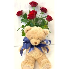 Teddy and six roses