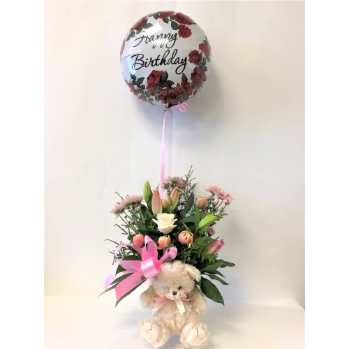 Fresh Happy Birthday Floral Arrangement With Teddy Bear