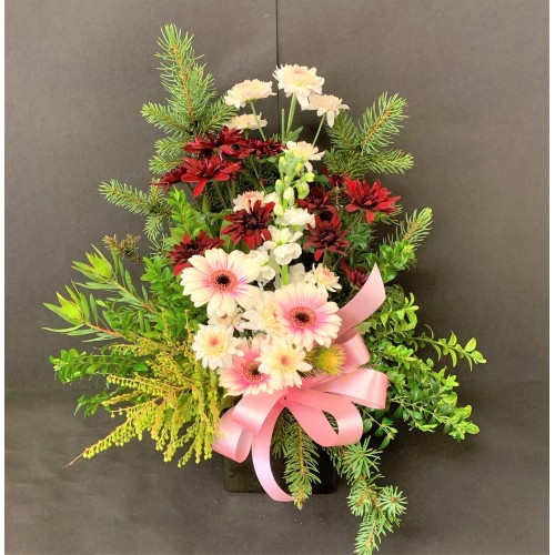 Bright Colorful Flower Arrangement In Black Pot
