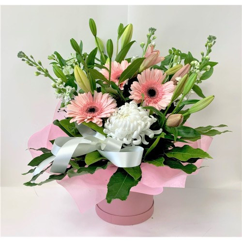 Pink and White Arrangement in Hat Box (Small)