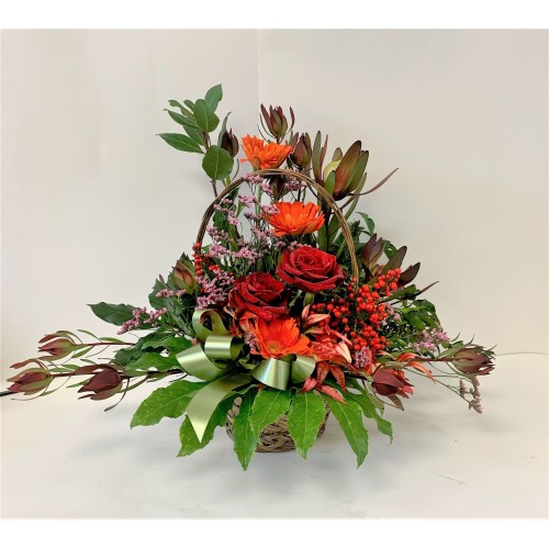 Fresh Flower Basket In Mixture of Reds