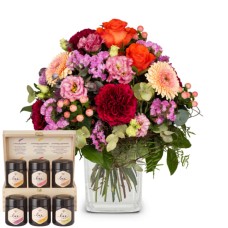 Colorful Wishes of Tulips with Bee-Family honey gift set (Premium)