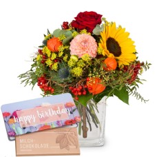 Late Summer Dream with Delicate Flowers with Munz bar of chocolate Happy Birthday (Minimum)