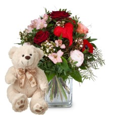 Valentine's Day Bouquet with red roses and teddy bear (Premium)