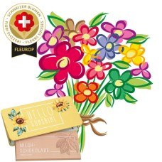 Seasonal bouquet with Swiss flowers and Munz bar of chocolate Â«Hello SunshineÂ» (Premium)