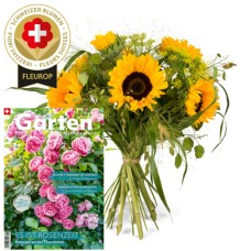 Sunflower bouquet with Swiss flowers and magazine «Schweizer Garten»