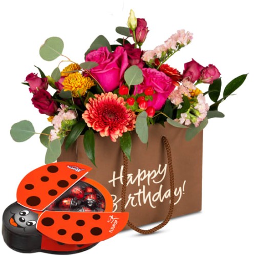 Flower bag Happy Birthday - in bright colors with Munz chocolate ladybird