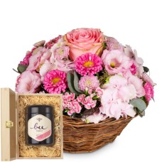A Flower Greeting in Delicate Colors with Bee-Family Swiss blossom honey (Minimum)