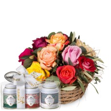 A Basket Full of Roses with Gottlieber tea gift set (Minimum)
