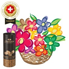 Seasonal arrangement with Swiss flowers with Gottlieber cocoa almonds (Minimum)