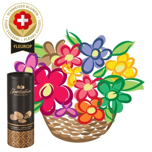Seasonal arrangement with Swiss flowers with Gottlieber cocoa almonds (Minimum)