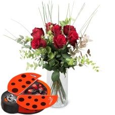 7 Red Roses with greenery and Munz chocolate ladybird