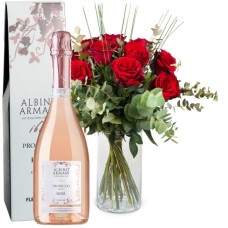12 Red Roses with greenery with Prosecco Rose Albino Armani DOC (75 cl)