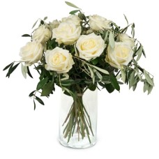 12 White Roses with greenery