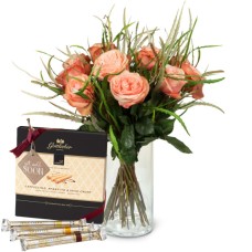 12 Salmon Colored Roses with greenery and Gottlieber Happen and hanging gift tag «Get Well Soon»