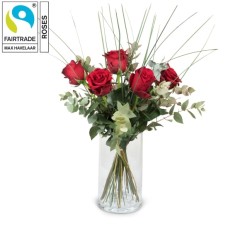 5 Red Fairtrade Max Havelaar-Roses with greenery