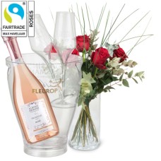 5 Red Fairtrade Max Havelaar-Roses with greenery and Prosecco Rose Albino Armani DOC (75 cl) incl. ice bucket