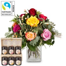 Bellissima with Fairtrade Max Havelaar-Roses and Bee-Family honey gift set (Minimum)