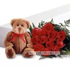 Red Long Stem Roses with a Teddy Bear