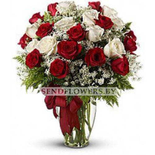 Bouquet of 25 Red and White Roses 