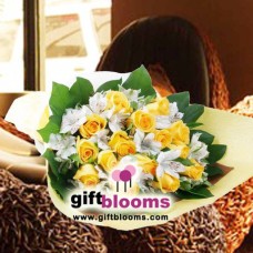 Yellow RosesAnd  White Alstroemeria Flower Bouquet