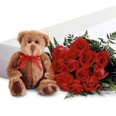 Red Long Stem Roses with a Teddy Bear